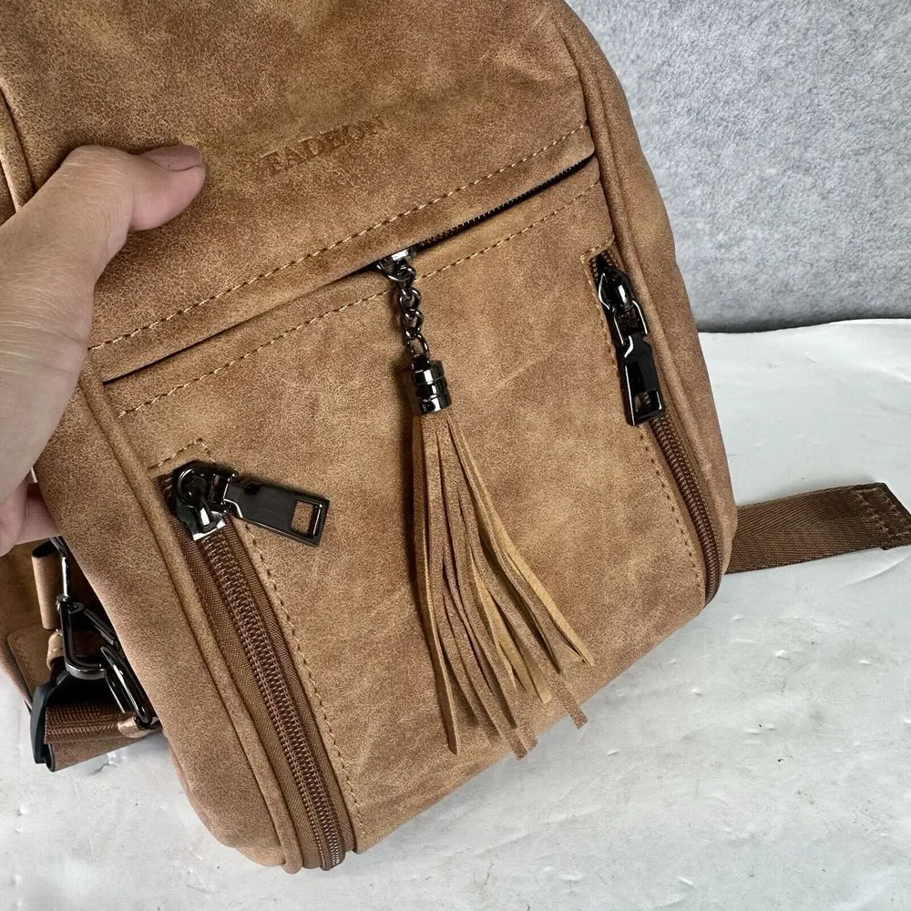 FADEON Leather Backpack Purse Brown Suede‎ Ladies Shoulder One Strap Small Boho